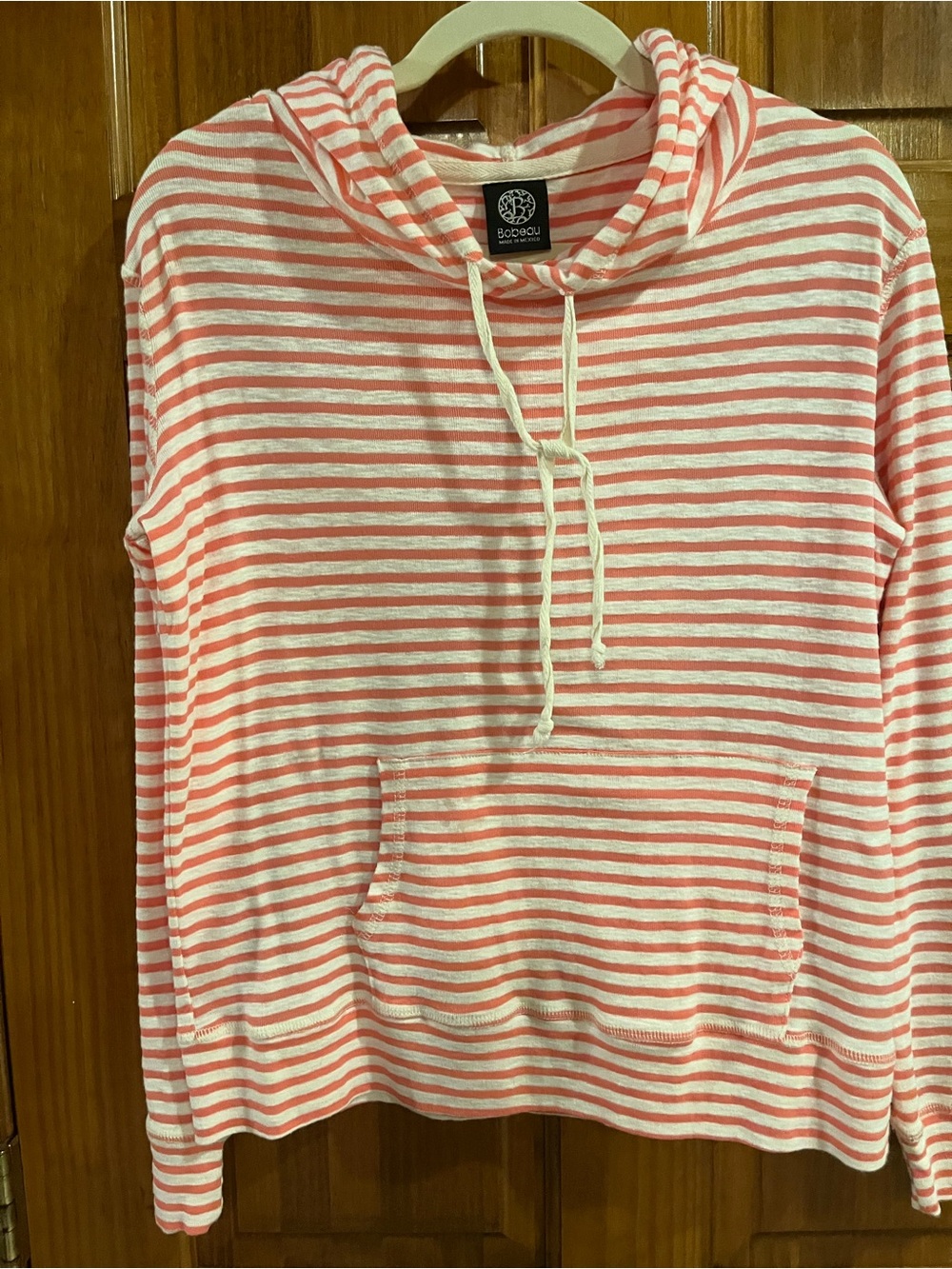 bobeau Coral and White Striped Hooded Pullover